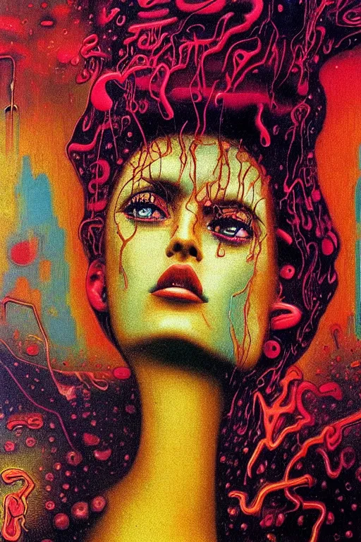 Image similar to 8 0 s art deco close up portait of miss of the world, rain like a dream oil painting curvalinear clothing cinematic dramatic cyberpunk textural fluid lines otherworldly vaporwave interesting details fantasy lut epic composition by basquiat zdzisław beksinski james jean artgerm rutkowski moebius francis bacon gustav klimt