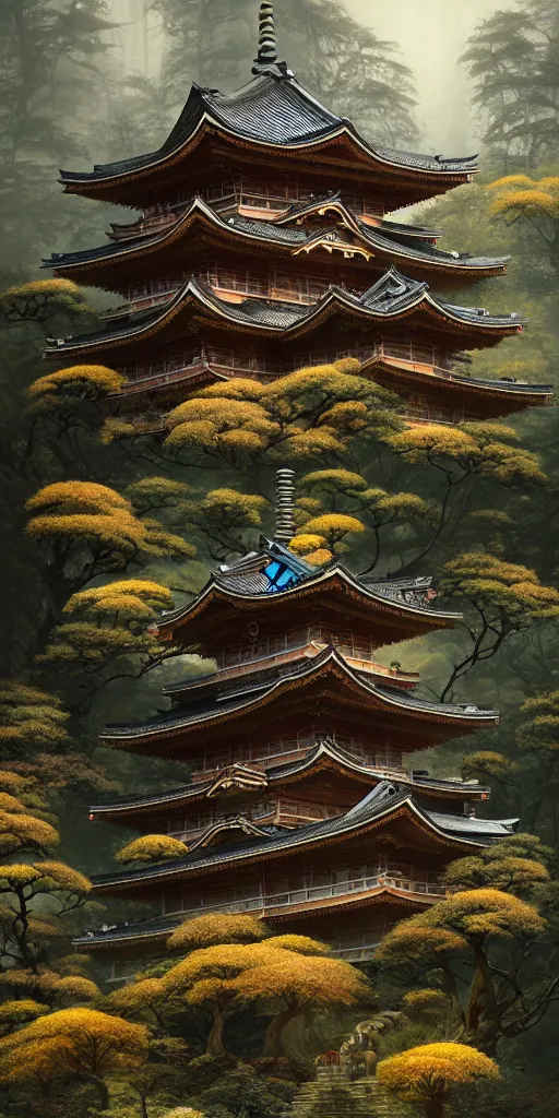 Image similar to japanese style palace on a mountain overgrown by glowing mushrooms, hyper realistic, lush gnarly plants, 8 k, denoised, by greg rutkowski, tom bagshaw, james gurney cinematic lighting