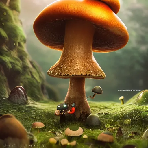 Prompt: : kawaai mushroom Character ,hyper detailed art station  parabolic lighting contest winners unrealengine trending on artstation,cinematic, hyper realism, high detail, octane render, 8k