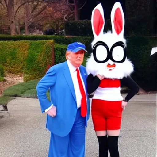 Image similar to paparazzi photo Donald Trump cosplay as Bugs Bunny! spying on children at a birthday party, high quality, good lighting, masterpiece, beautiful beautiful beautiful beautiful beautiful