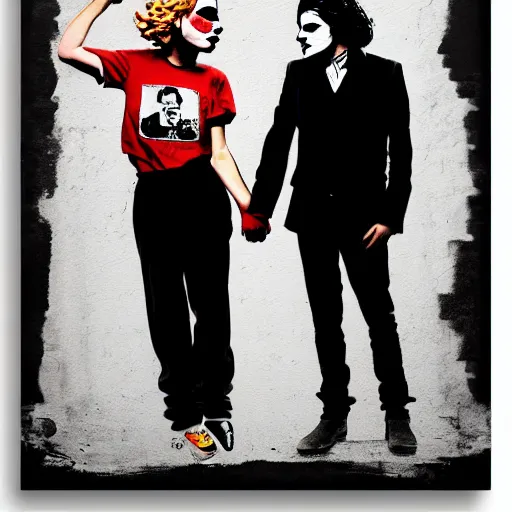 Prompt: mimmo rottela and banksy as joaquin phoenix skinny joker holding hand lady gaga harley queen, photorealistic, intricate details, pop art style, concept art, details proportional, random object movement, 3 colors, 4 k, 4 d, ultra smooth, sharp focus