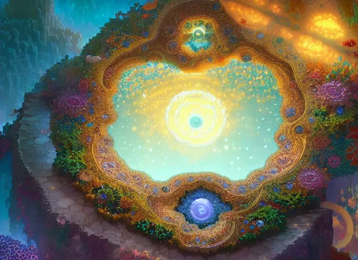 Prompt: circular fractal landscape comprised of pearlstone and pearlsand along with crystal shards and gelatin crystals in terraria with glowing portal, by wlop, james jean, victo ngai! very detailed, art fantasy by craig mullins, thomas kinkade