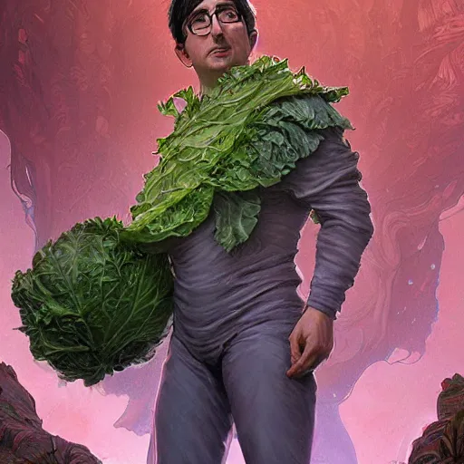 Image similar to john oliver as the wonderful cabbage man super hero, sci - fi, fantasy, intricate, very very beautiful, elegant, highly detailed, digital painting, artstation, concept art, smooth, sharp focus, illustration, art by artgerm and greg rutkowski and alphonse mucha