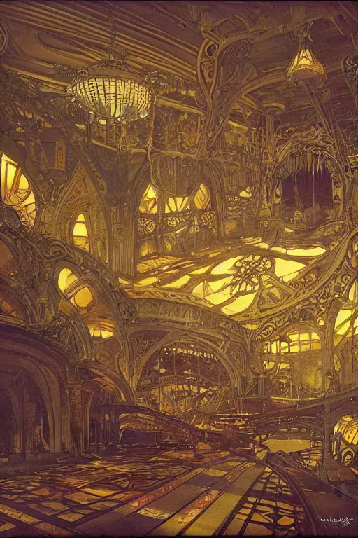 Image similar to interior of steampunk crystal palace, art nouveau, epic composition, soft lighting, ultra - wide view, by hiroshi yoshida, moebius