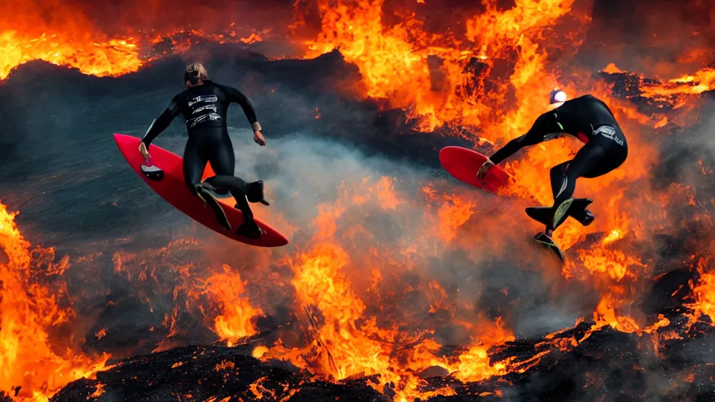 Image similar to person wearing a sponsored team jersey with logos jumping out of a helicopter with a surfboard into a volcano, action shot, dystopian, thick black smoke and fire, sharp focus