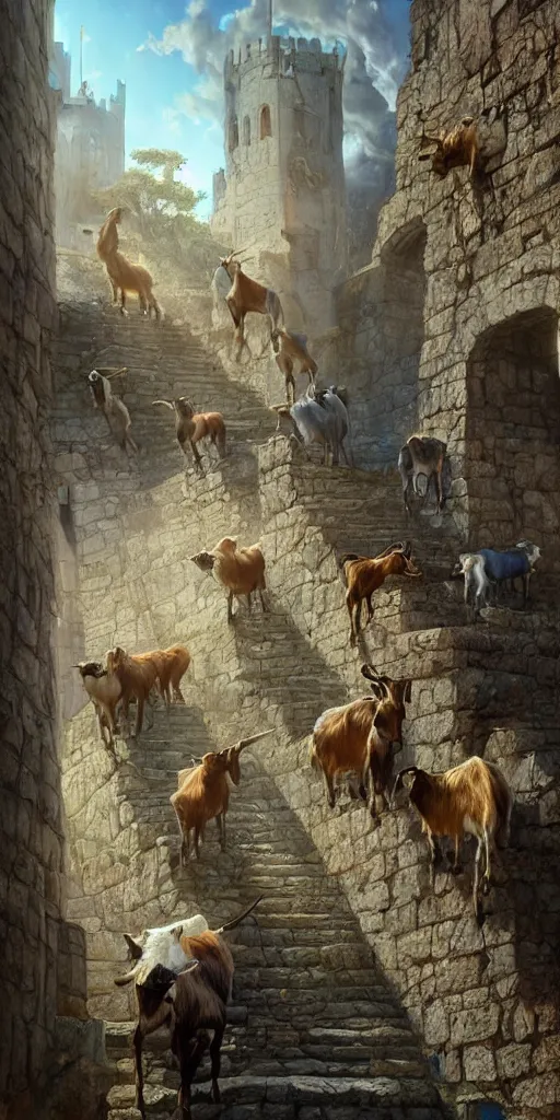 Prompt: a herd of goats!! climbing stairs in a beautiful fantasy castle, medieval city, citadel, magic, tall towers, murals, many goats, sunlight, vivid colors, god rays, digital art, landscape, fantasy art, octane render, unreal engine, high detail, very realistic, by greg rutkowski. by james gurney