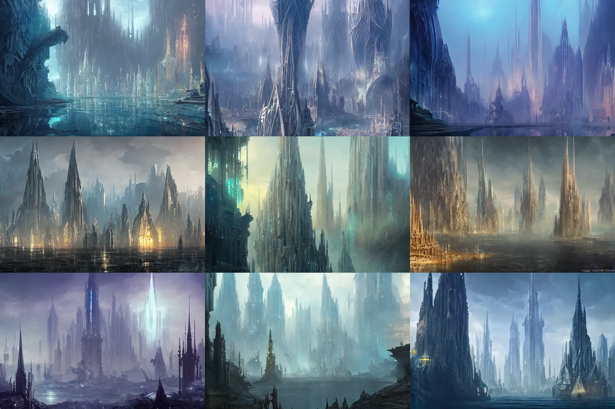 Prompt: Underwater city of glass and spires, digital painting by Greg Rutkowski and James Gurney