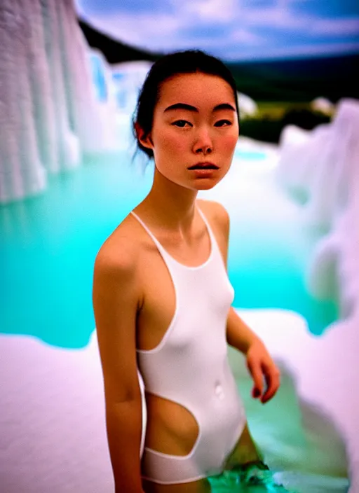 Image similar to Kodak Portra 400, 8K, soft light, volumetric lighting, highly detailed, britt marling style 3/4 ,portrait photo of teen Kasumi Arimura, the face emerges from Pamukkale, thermal waters flowing down white travertine terraces, inspired by Ophelia paint , a beautiful luxurious celestial suit and hair are intricate with highly detailed realistic beautiful flowers , Realistic, Refined, Highly Detailed, interstellar outdoor soft pastel lighting colors scheme, outdoor fine art photography, Hyper realistic, photo realistic