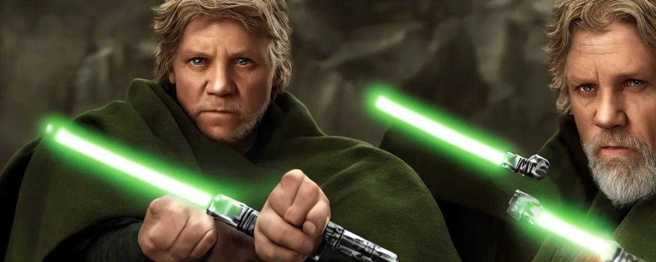 Image similar to Hyper realistic Jedi master Luke Skywalker with green lightsaber based on the last Jedi, 4K