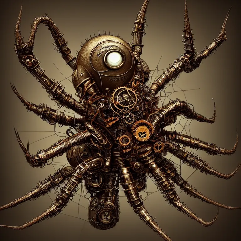 Prompt: steampunk spider, biomechanical, very coherent symmetrical artwork, cinematic, 3 d model, unreal engine realistic render, 8 k, micro detail, intricate, elegant, highly detailed, centered, digital painting, artstation, smooth, sharp focus, illustration, artgerm, tomasz alen kopera, by wlop