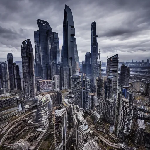 Image similar to Giant futuristic megacity towering across the landscape, post apocalyptic, EOS-1D, f/16, ISO 200, 1/160s, 8K, unedited, symmetrical balance, in-frame