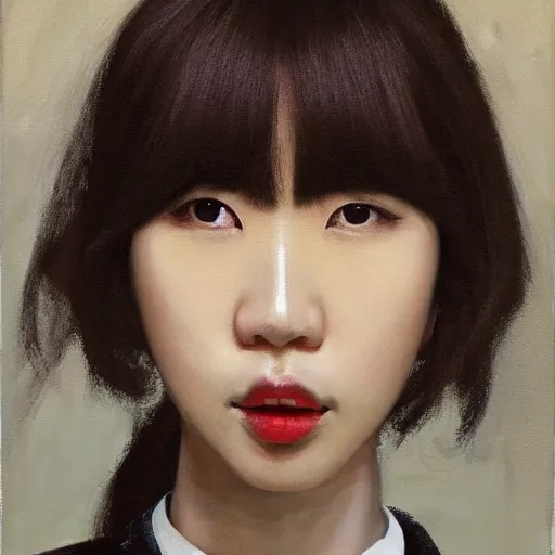 Image similar to portrait of a beautiful korean girl wearing a men's tuxedo, with long hair and bangs, angular features, angry expression, oil on canvas, elegant pose, masterpiece, Jonathan Yeo painting