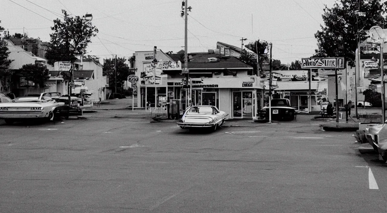 Prompt: a street in an american suburb with a diner in the center, scene from a 1 9 7 3 film, anamorphic lens, analog film, classic cinema, filmgrain, chromatic aberration