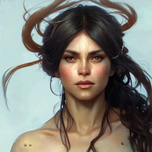 Image similar to beautiful, strong, mixed race, female, aged 4 0, face, head shot, fantasy, highly detailed, digital painting, artstation, concept art, smooth, sharp focus, illustration, art by artgerm and greg rutkowski and alphonse mucha