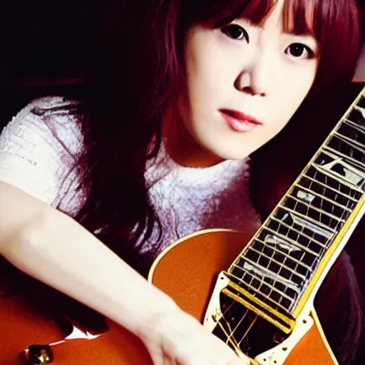 Prompt: real-life Yui Hirasawa with a Gibson Pre-'08 Les Paul Standard, a still of a Japanese music movie