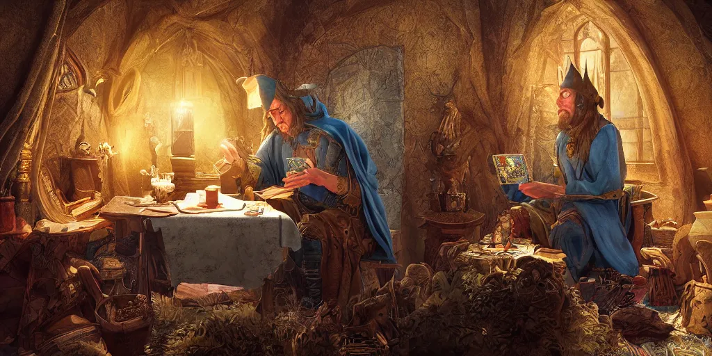 Image similar to wizard doing a tarot reading, cards, fantasy, digital art, soft lighting, 8 k, highly detailed