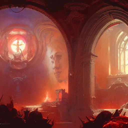 Prompt: a chapel's ceiling is broken in half as a red magical portal from hell opens up there. highly detailed painting by gaston bussiere, greg rutkowski, craig mullins 8 k