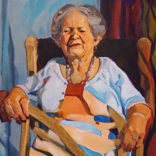 Image similar to painting in the zandinsky style of a grandmother sitting in a rocking chair, surrounded by her grandchildren, while she tells them a story