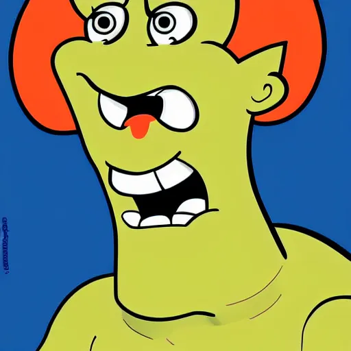 Image similar to handsome squidward as strong male, big smile, hero, strong chin, handsome, pop art portrait