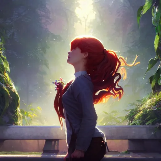 Image similar to highly detailed portrait of mary jane watson, stephen bliss, unreal engine, fantasy art by greg rutkowski, loish, rhads, ferdinand knab, makoto shinkai and lois van baarle, ilya kuvshinov, rossdraws, tom bagshaw, global illumination, radiant light, detailed and intricate environment