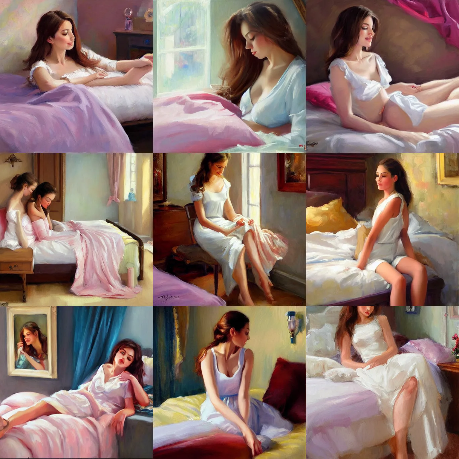 Prompt: brunette blushing in bedroom, painting by Vladimir Volegov