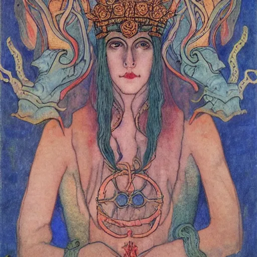 Image similar to the tentacle crown, by Annie Swynnerton and Nicholas Roerich! and (((Edmund Dulac))), bioluminescent skin, tattoos, elaborate costume, geometric ornament, symbolist, rich colors, dramatic lighting, smooth, sharp focus, extremely detailed