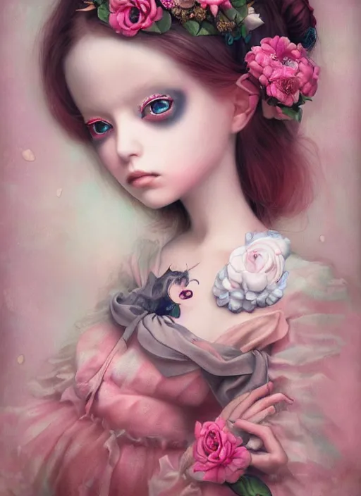 Image similar to pop surrealism, lowbrow art, realistic cute alice girl painting, pink bdy harness with flowers, japanese street fashion, hyper realism, muted colours, rococo, natalie shau, loreta lux, tom bagshaw, mark ryden, trevor brown style,