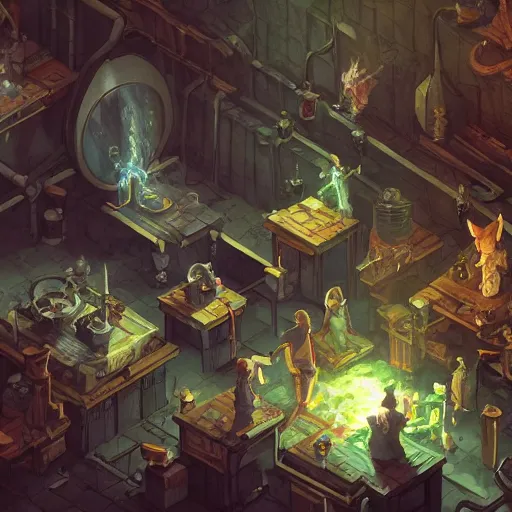 Image similar to an alchemist lab, potions, stills, complex devices, concept art illustration, color page, tone mapping, akihiko yoshida, james jean, andrei riabovitchev, marc simonetti, digital illustration, greg rutowski, volumetric lighting, sunbeams, particles