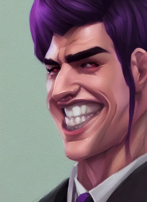 Prompt: a sly and confident male debaters with purple clothes and dark hair, bad smile, character, closeup headshot, in the style of artgerm, artstation, cgsociety, wlop, alexis franklin, charlie bowater, 8 k, detailed
