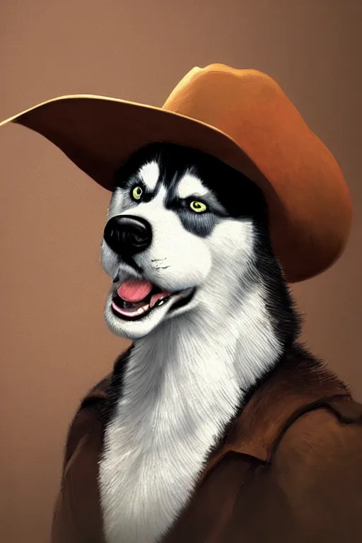 Image similar to a portrait painting of a husky in cowboy costume, wearing a cowboy hat, in the style of anime, [ western film ], humanoid, personify, anthropomorphic, trending on artstation