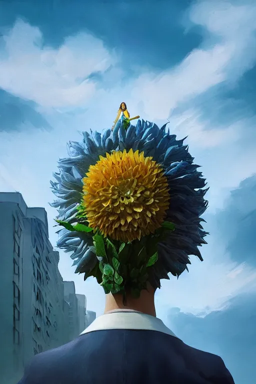 Image similar to closeup giant dahlia flower head, girl in a suit, street, surreal photography, blue sky, sunrise, dramatic light, impressionist painting, digital painting, artstation, simon stalenhag