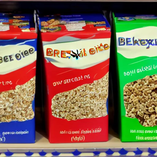 Prompt: brexit breakfast cereal stocked on grocery store shelf