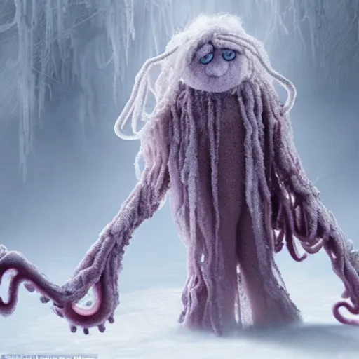 Image similar to a fluffy humanoid ethereal ghost like live action muppet wraith like figure with a squid like parasite taking over its head and four long tentacles for arms that flow gracefully at its sides like a cloak while it floats around a frozen rocky lake in the middle of the frozen woods searching for lost souls and that hides amongst the shadows in the trees, this character can control the ice and snow and has mastery of the shadows, it is known as the bringer of nightmares and the ruler of endless night terrors, it is a real muppet by sesame street, photo realistic, real, realistic, felt, stopmotion, photography, sesame street