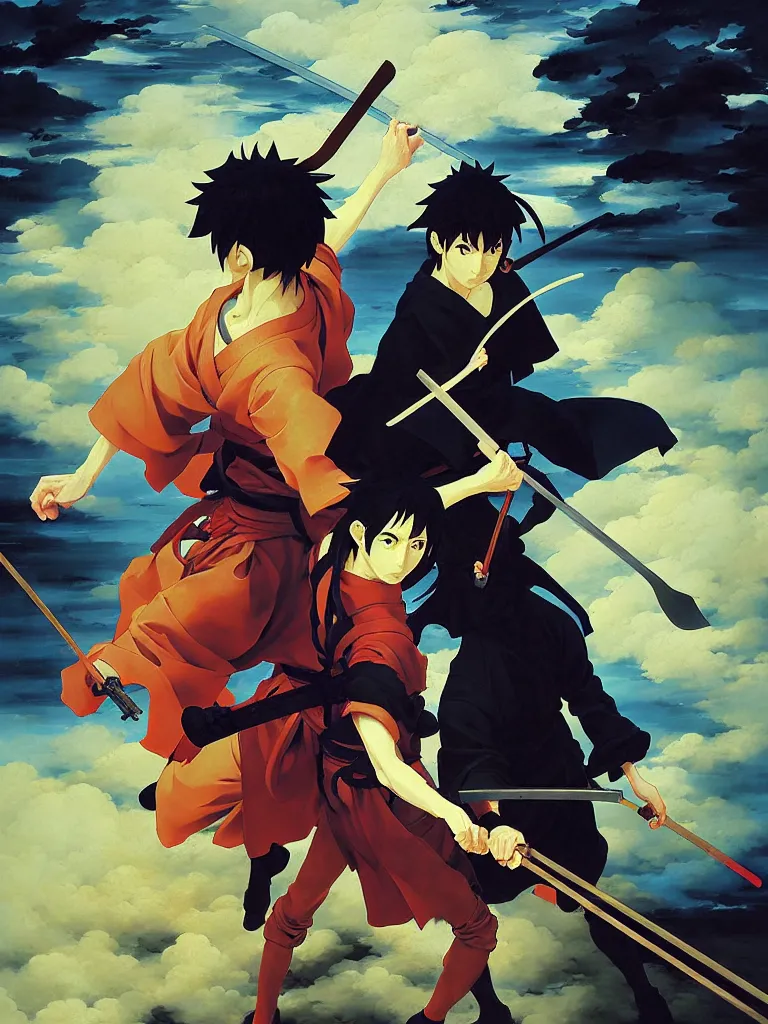 Image similar to baroque oil painting of key visual ninja duel, rain, rule of thirds golden ratio, fake detail, trending pixiv fanbox, acrylic palette knife, style of makoto shinkai ghibli takashi takeuchi yoshiyuki sadamoto jamie wyeth james gilleard greg rutkowski chiho aoshima