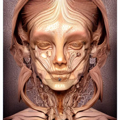 Image similar to beatifull face portrait of a woman, 150 mm, anatomical, flesh, flowers, mandelbrot fractal, facial muscles, veins, arteries, intricate, golden ratio, full frame, microscopic, elegant, highly detailed, ornate, ornament, sculpture, elegant , luxury, beautifully lit, ray trace, unreal, 3d, PBR, in the style of peter Gric , alex grey and Romero Ressendi