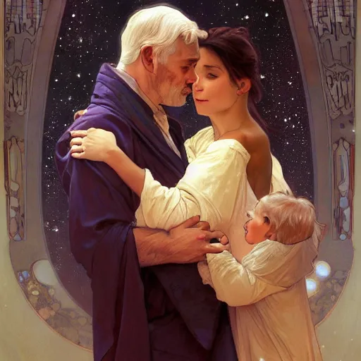 Prompt: great father of the family, his starry cloak, hugging his beautiful wife, and little glowing baby in her arms. beautiful painting by artgerm and greg rutkowski and alphonse mucha