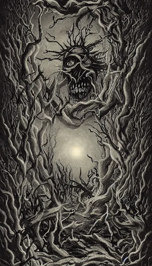 Image similar to a storm vortex made of many demonic eyes and teeth over a forest, by khara inc