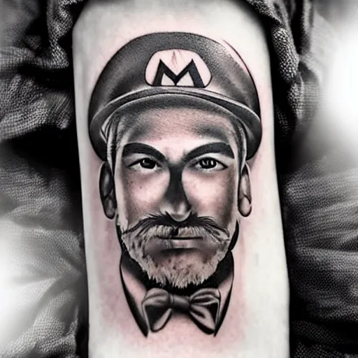 Image similar to tattoo design, stencil, portrait of mario by artgerm