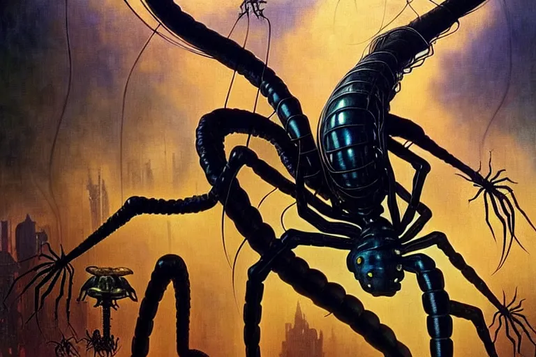 Image similar to realistic detailed portrait movie shot of a beautiful black woman riding a giant spider, dystopian city landscape background by denis villeneuve, amano, yves tanguy, alphonse mucha, max ernst, ernst haeckel, kehinde wiley, caravaggio, jean delville, edward robert hughes, roger dean, cyber necklace, rich moody colours, sci fi patterns, dramatic, wide angle