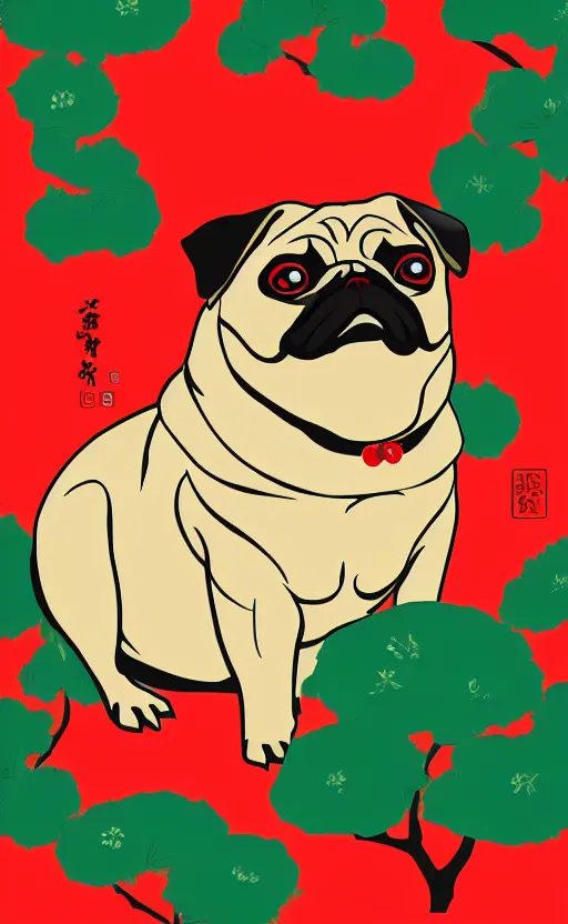 Image similar to hanafuda pug, a big red charm is floating above a forest of japanese pines, a big red sun in the background, original style, front game card, vector line art, trending on behance, concept art, stunning, matte