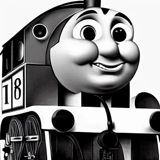 Prompt: Thomas the tank engine, gary busey face!!!!!!, cartoon, steamboat willy, monochrome 1920