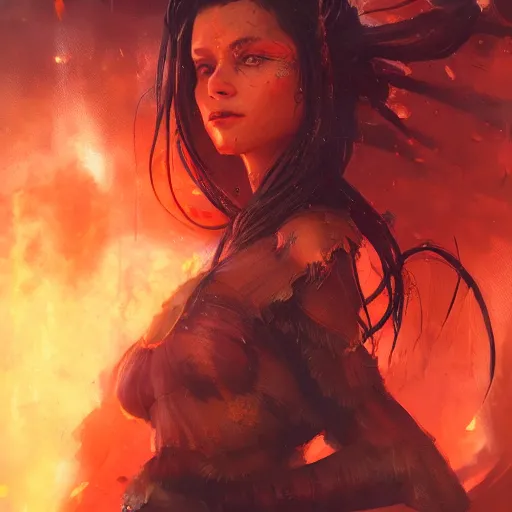 Prompt: a beautiful portrait of a fire goddess by greg rutkowski and raymond swanland, trending on artstation, flaming background, ultra realistic digital art