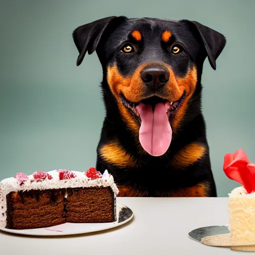 Prompt: a high - quality greeting card photo of a cute rottweiler with a half - eaten birthday cake, 4 5 mm, f 3. 5, sharpened, iso 2 0 0, raw, food photography