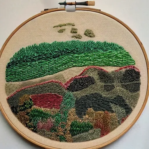Prompt: a large high quality handmade embroidery of an aerial view of fields and woods. hand stitching