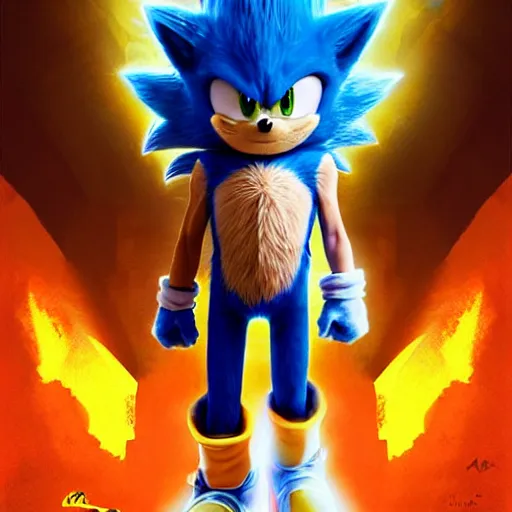 Prompt: super saiyan sonic movie poster, yellow fur, super saiyan, sonic the hedgehog, digital art by greg rutkowski