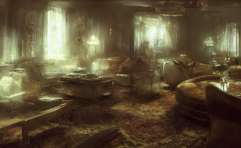 Image similar to a luxury high tech apartment interior, painting by Craig Mullins, interior design, victorian style, octane rendering, warm moody lighting, wide angle lens, low view, in the style of blade runner