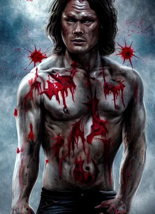 Image similar to Sam Winchester as a muscular half-blood demon with religious tattoos on chest and neck, open devil wings, stained and bleeding, magic overlays, magic flames, open portal with runes in the background, romance book cover style, D&D illustration style, (octane render) fantasy style, sharp focus, ultra detailed, art by Artgerm and Peter Andrew Jones, Ayami Kojima, Amano and Olivier Ledroit