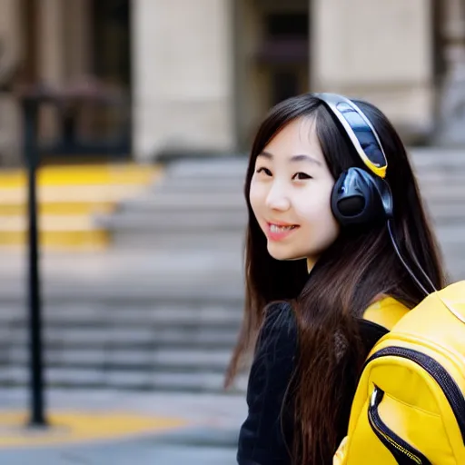 Image similar to cute Chinese girl with headphones and a yellow backpack in NYC