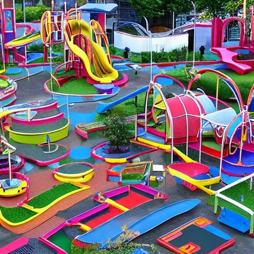 Prompt: A city but the buildings shaped like parts of a colourful play park, colourful, city, play park, dreamy