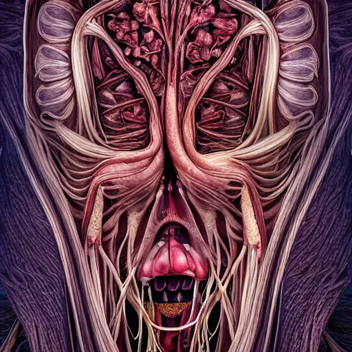 Image similar to a beautiful detailed photo of a rotten woman corpse portrait open in two sides morphing into fractal plants and fractal flowers and mushrooms, muscles, veins, anatomical, intricate, ornate, volumetric light, beautiful lit, romero ressendi